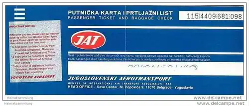 JAT - Jugoslovenski Aerotransport 1989 - Belgrade Singapore Bangkok Belgrade