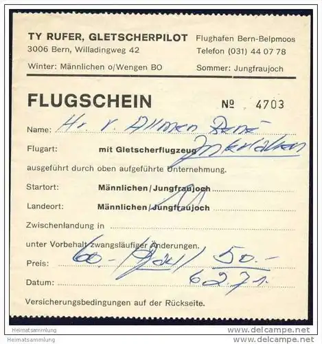 Ty Rufer Gletscherpilot Flughafen Bern-Belpmoos - Flugschein 1971