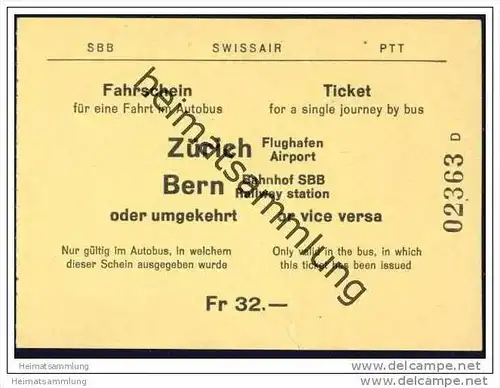SBB Swissair PTT - Fahrschein für eine Fahrt im Autobus Zürich Flughafen - Bern Bahnhof SBB oder umgekehrt