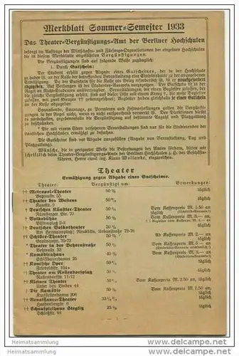Merkblatt Sommer-Semester 1933 - Das Theatervergünstigungs-Amt der Berliner Hochschulen