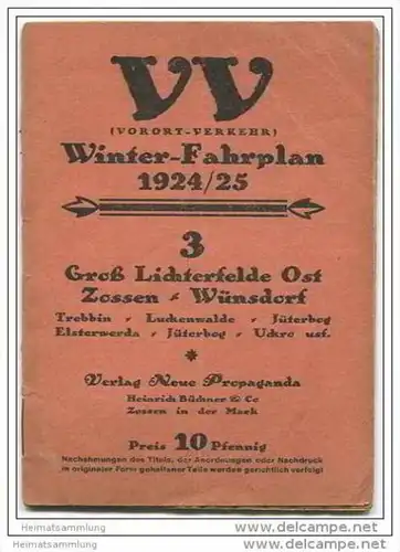 VV Vorort-Verkehr - Winter-Fahrplan 1924/25 - Verlag Neue Propaganda Zossen - 18 Seiten Postkartengrösse