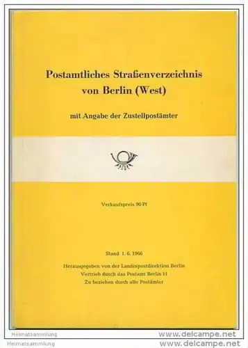Postamtilches Strassenverzeichnis von Berlin (West) mit Angabe der Zustellpostämter 1966 - Landespostdirektion Berlin