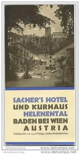 Baden bei Wien - Sacher 's Hotel und Kurhaus Helenental - Faltblatt mit 5 Abbildungen