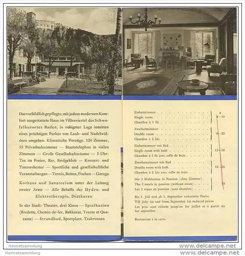 Baden bei Wien - Sacher 's Hotel und Kurhaus Helenental - Faltblatt mit 5 Abbildungen