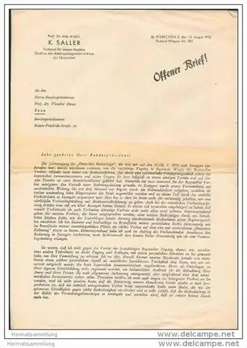 Offener Brief von Prof. Dr. med. et phil. K. Saller an den Bundespräsidenten Dr. Theodor Heuss - Faltblatt 13. August 19