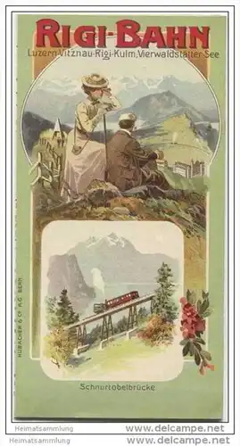 Rigi-Bahn - Schnurtobelbrücke - Faltblatt - farbige Panorama Karte Rigi-Kulm- rückseitig Vitznau-Rigi-Bahn Fahrplan 1910