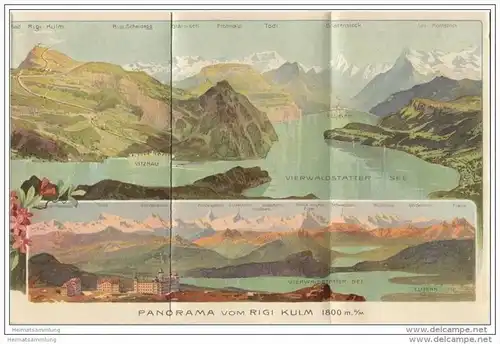 Rigi-Bahn - Schnurtobelbrücke - Faltblatt - farbige Panorama Karte Rigi-Kulm- rückseitig Vitznau-Rigi-Bahn Fahrplan 1910