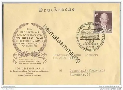 Todestag von Walter Rathenau - Ersttagsbrief 24. Juni 1953