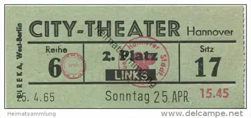 Hannover - City-Theater 1965 - Eintrittskarte
