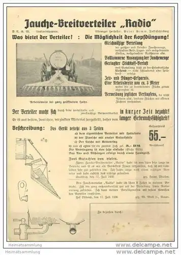 Radio - Jauche-Breitverteiler - Hersteller Peter Gimm Tolk/Schleswig - DinA4 Blatt 1936