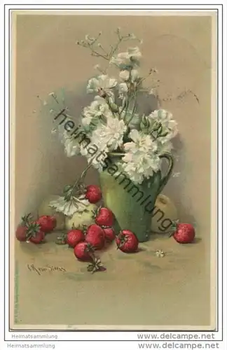 Blumen &amp; Obst - Nelken - Erdbeeren - Prägedruck - Künstlerkarte signiert CK von Sievers