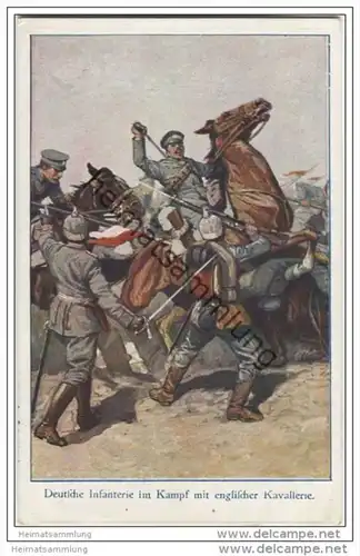 Wohlfahrts-Postkarte - Zum Besten des Deutschen Heeres - Deutsche Infanterie im Kampf mit englischer Kavallerie - Feldpo