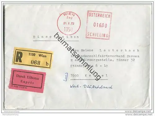 Einschreibe-Brief mit Eilboten - Freistempel 016.00 Schilling - gelaufen 1972 von Wien nach Kassel - Durchgangstempel