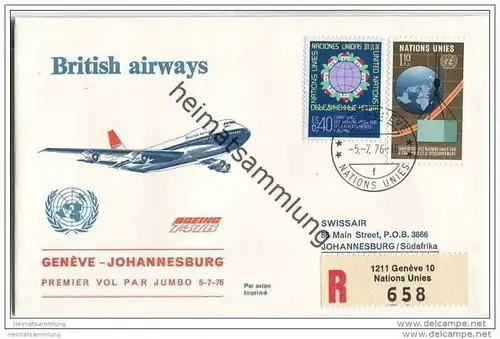 Brief United Nations - British airways - Premier vol par Jumbo Geneve-Johannesburg - 5. Juli 1976