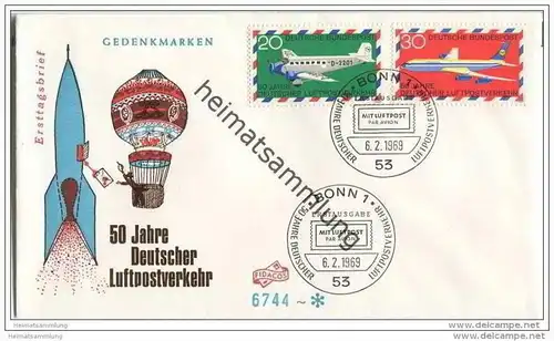 Ersttags-Brief mit Marken 50 Jahre Deutscher Luftpostverkehr - Sonderstempel 6. Februar 1969
