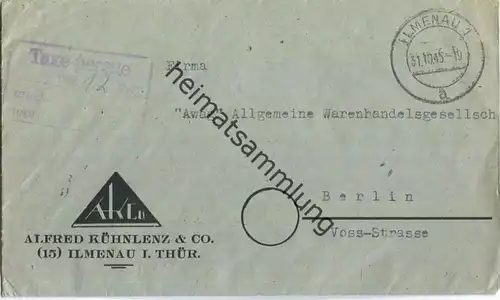 Brief aus Ilmenau 1 vom 31.10.1945 mit 'Taxe percue' vierzeilig G14 in violett '12'