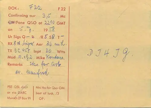 QSL - Funkkarte - DJ4CP - Treysa - 1958