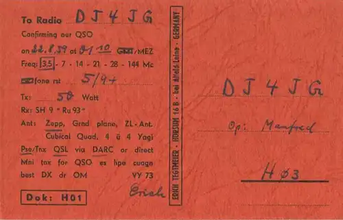 QSL - Funkkarte - DJ3XC - Hörsum - 1959