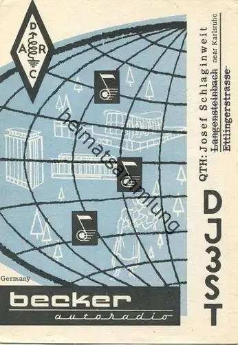 QSL - Funkkarte - DJ3ST - Kuppenheim - Werbung Autoradio Becker - 1959
