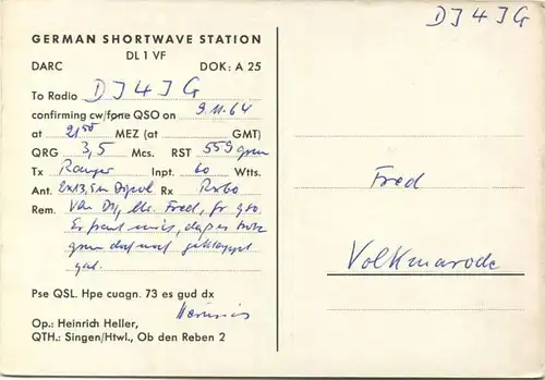 QSL - Funkkarte DL1VF - Singen - 1964