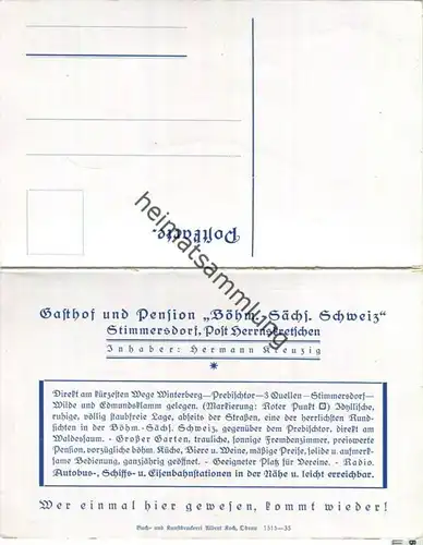 Stimmersdorf - Mezna - Gasthof und Pension Böhmisch-Sächsische Schweiz - Werbedoppelkarte - Verlag Albert Koch Odrau