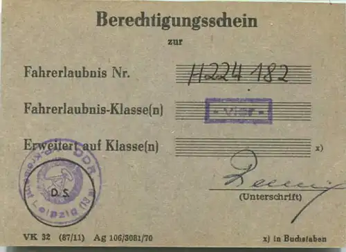 DDR - Berechtigungsschein - Fahrerlaubnis vier