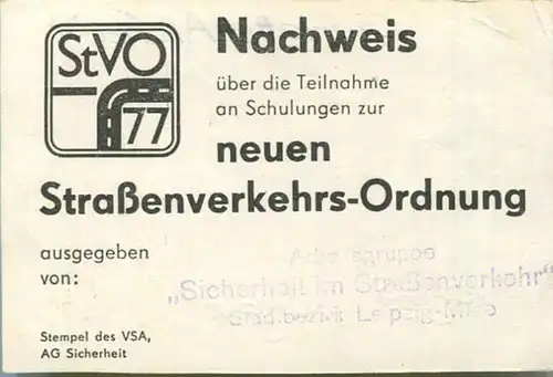 DDR - Nachweis über die Teilnahme an Schulungen zur neue Straßenverkehres-Ordnung