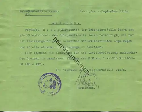 Posen Kriegsamtsstelle - Ausweis - Passierschein 1918