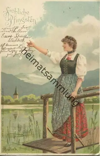 Fröhliche Pfingsten - Frau in Tracht am See - Künstlerkarte A. Mailick gel. 1902