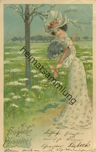 Fröhliche Pfingsten - Frau mit Hut und Regenschirm gel. 1903