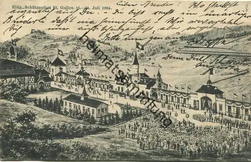 St. Gallen - Eidgenössisches Schützenfest 1904 - Gebrüder Metz Kunstverlagsanstalt Basel - rückseitig aufgeklebte Vignet