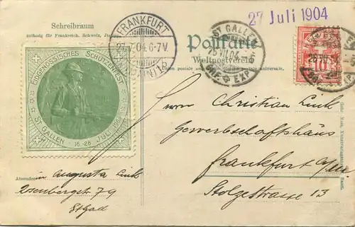 St. Gallen - Eidgenössisches Schützenfest 1904 - Gebrüder Metz Kunstverlagsanstalt Basel - rückseitig aufgeklebte Vignet