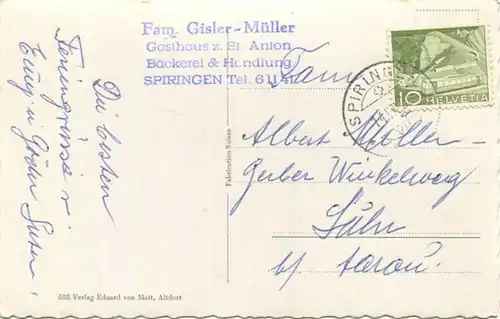Spiringen - Gasthaus St. Anton - Besitzer Familie Gisler-Müller - Foto-AK - Verlag Eduard von Matt Altdorf gel. 1955