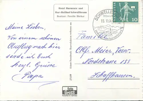 Schwellbrunn - Hotel Harmonie - Besitzer Familie Bleiker - Foto-AK Grossformat - Verlag Foto-Gross St. Gallen gel.1964