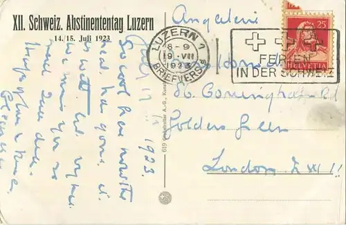 Luzern - Schweizerhofquai - XII. Schweizerischer Abstinententag Luzern 1923 - Globetrotter AG Kunstverlag Luzern gel. 19