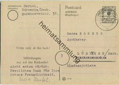 Bedarfskarte mit Abgangsstempel Schwerin - gebraucht am 07.08.1945 aus Schwerin nach Lübtheen