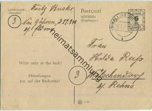Bedarfskarte mit Abgangsstempel Mallis - gebraucht am 17.09.1945 aus Mallis nach Wölschendorf