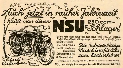 10 x Original-Werbung/ Anzeige 1902 bis 1941 - NSU MOTORRÄDER - NECKARSULM - Größe unterschiedlich