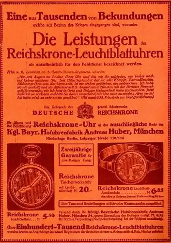 Original-Werbung/ ganzseitige Anzeige 1915 - REICHSKRONE LEUCHTBLATTUHREN -  ca 200 X 280 mm