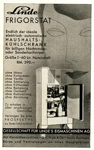 Original-Werbung/ Anzeige 1933 - LINDE FRIGORSTAT KÜHLSCHRANK - ca. 65 x 110 mm