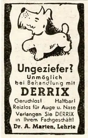 Original-Werbung/ Anzeige 1941 - DERRIX GEGEN UNGEZIEFER BEI HUNDEN / DR. MARTEN - LEHRTE - ca. 20 X 35 mm