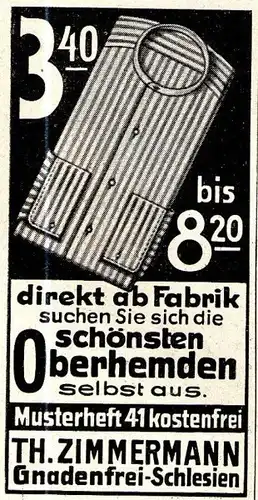 Original-Werbung/ Anzeige 1933 - OBERHEMDEN / ZIMMERMANN - GNADENFREI - ca. 35 x 65 mm