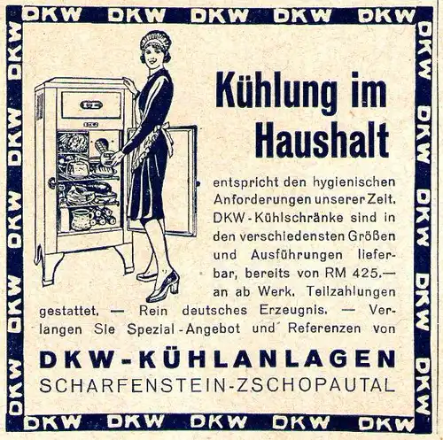 Original-Werbung/ Anzeige 1933 - DKW KÜHLSCHRÄNKE - SCHARFENSTEIN - ca. 65 x 65 mm