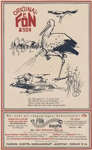 Original-Werbung/ Anzeige 1930 - ORIGINAL FÖN / Cartoon STORCH / SANITAS BERLIN - ca. 160 x 240 mm