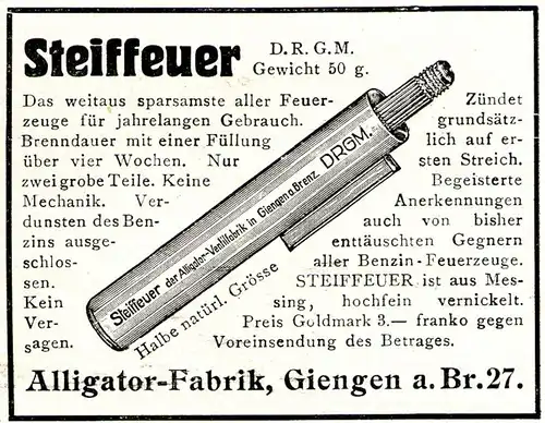 Original-Werbung/ Anzeige 1924 - STEIFFEUER FEUERZEUG / ALLIGATOR FABRIK GIENGEN - ca. 65 x 50 mm