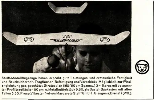 Original-Werbung/ Anzeige 1936 - STEIFF MODELLFLUGZEUGE / GIENGEN AN DER BRENZ - ca. 100 x 60 mm