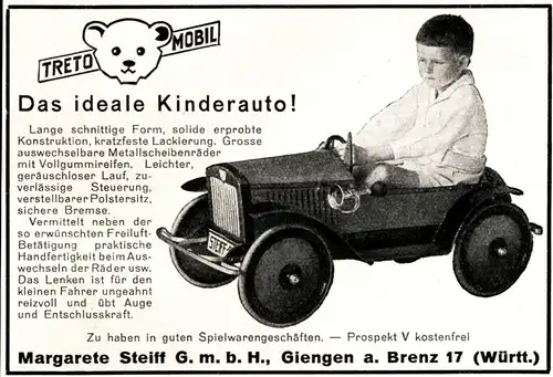 Original-Werbung/ Anzeige 1928 - STEIFF / KNOPF IM OHR / KINDERAUTO TRETO-MOBIL / GIENGEN AN DER BRENZ - ca. 100 x 65 mm
