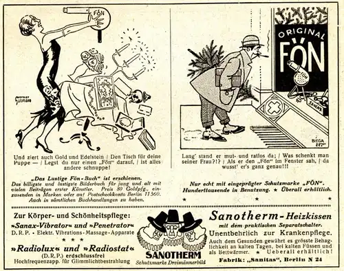 Original-Werbung/ Anzeige 1925 - FÖN / SANOTHERM HEIZKISSEN / SANITAS BERLIN - ca. 140 x 110 mm