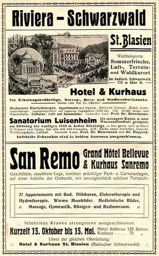 Original-Werbung/ Anzeige 1913 - RIVIERA / SCHWARZWALD - SAN REMO / ST.BLASIEN - ca. 120 x 180 mm
