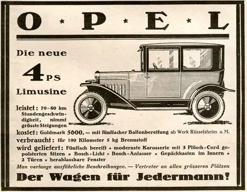 9 x Original-Werbung / Anzeigen 1920 ER JAHRE - AUTOMOBILE / OPEL - UNTERSCHIEDLICHE GRÖSSEN